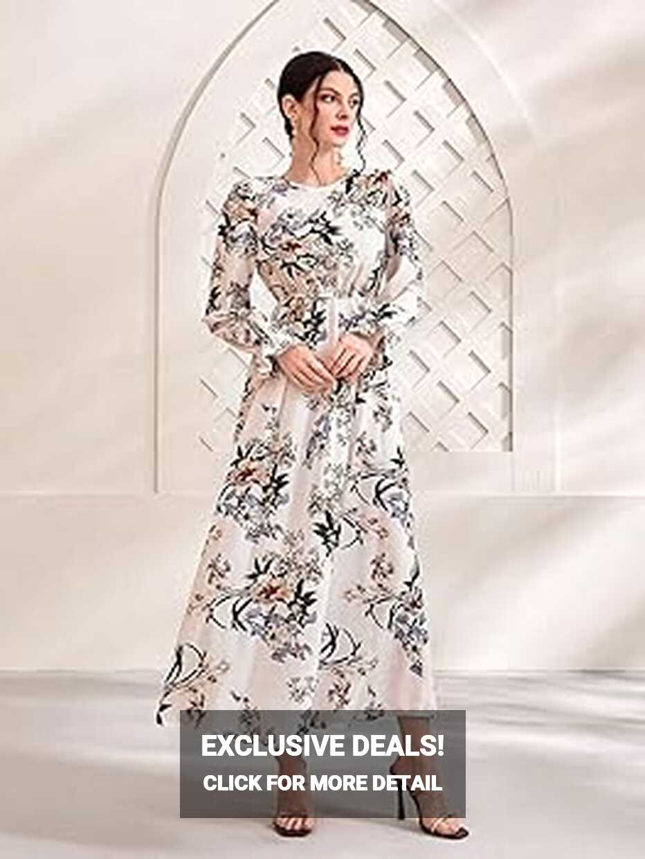 Women&#39;s White Dress Floral Print Sleeve Long Dress A-Line High ...