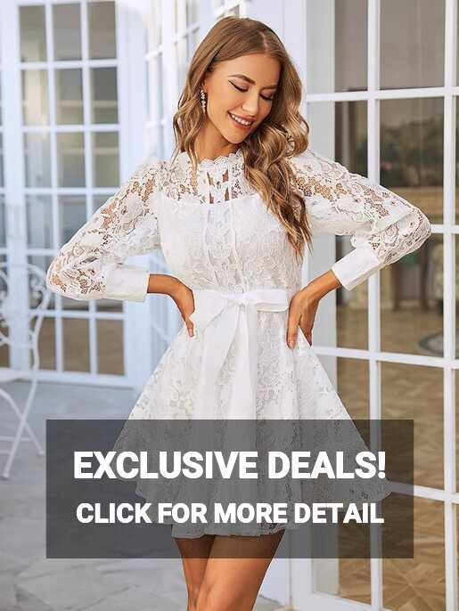 Women&#39;s White Dress Ruffle Hem Belted Lace Short Dress Puff Sleeve ...