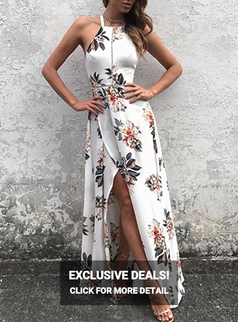 Women&#39;s White Floral Maxi Dress - Halter Neckline / White