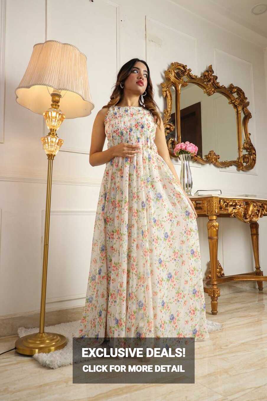 Women&#39;s off-white floral printed georgette long dress - vidraa ...