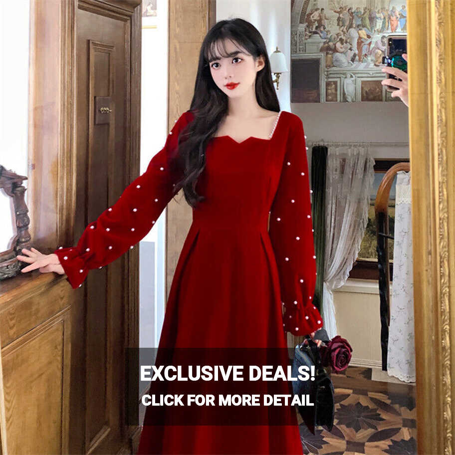 Women&#39;s sweet square neck velvet long sleeve high waist red dress ...