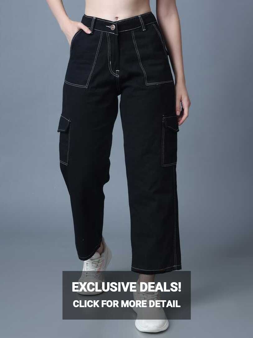 Women 6 Pockets Contrast Stitch Wide Leg Black Jean Pants – The ...