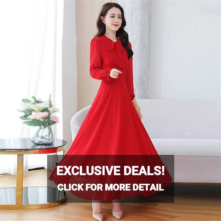 Women Autumn Casual Midi Dress Chiffon Red Long Sleeve Elegant ...