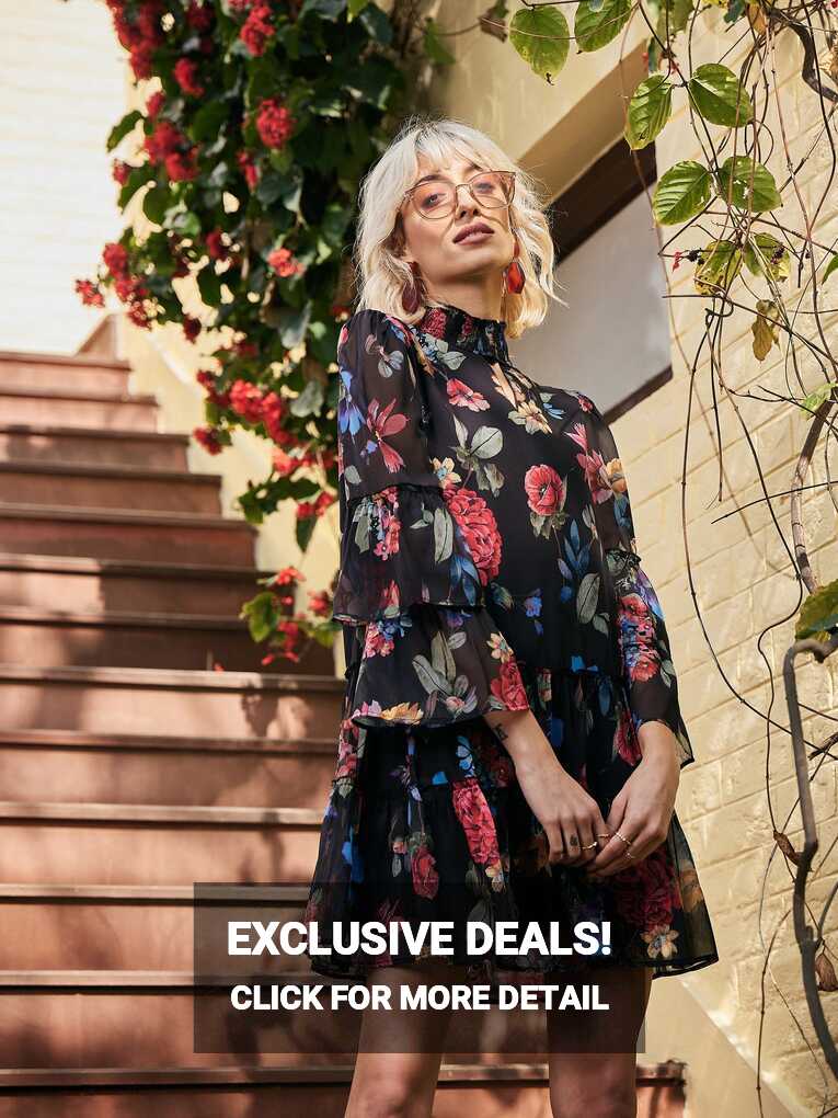 Women Black Chiffon Floral Choker Dress