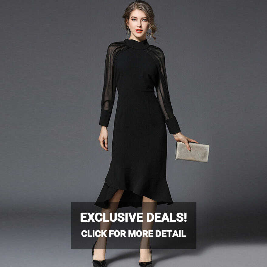 Women Black Fishtail Dress Slim High Waist Long Sleeve Formal ...