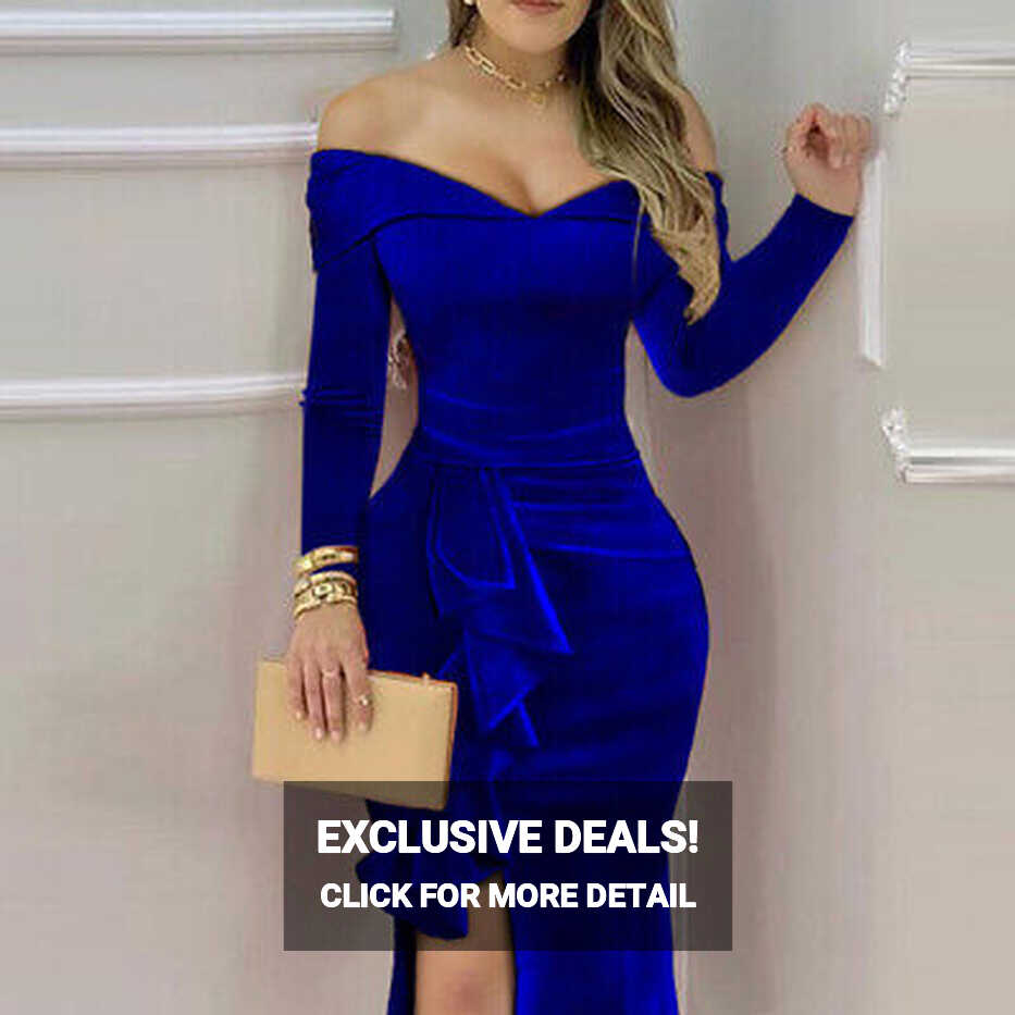 Women Blue Velvet Off Shoulder Bodycon Dress Party Evening Prom ...