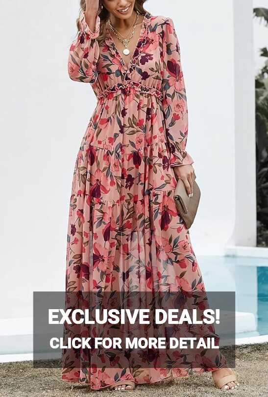 Women Bohemian Maxi Dress Chiffon Long Sleeve V-Neck Ruffle ...