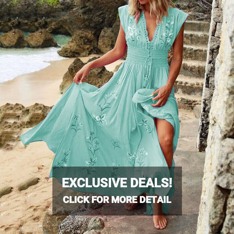 Women Boho Sleeveless V Neck Floral Maxi Dress Casual Cozy Holiday ...