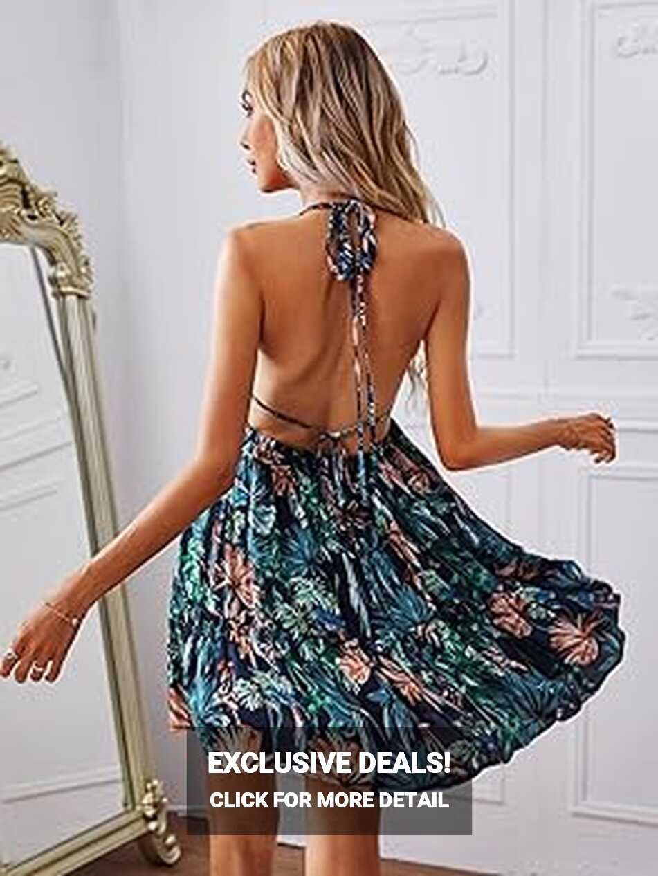 Women Boho Summer Dresses Backless Plunging Neck Tied Open Back ...