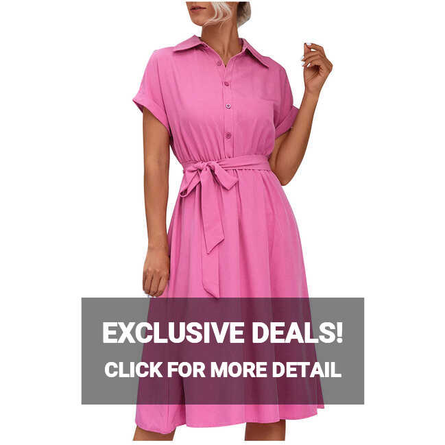 Women Button Down Dress with Belt Lapel Collared Short Sleeve ...