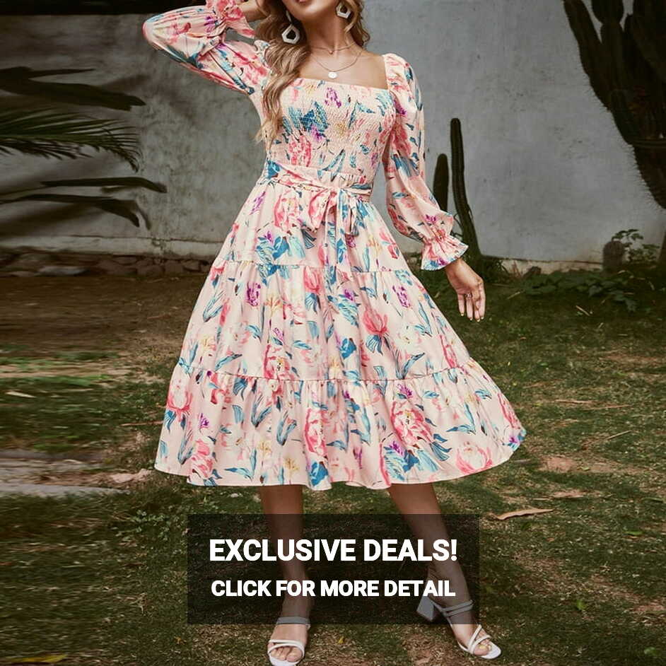 Women Casual Dress V Neck Long Dress Printed Long Sleeve Belt ...