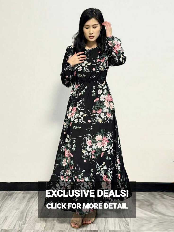 Women Casual Long Sleeve Floral Dress Elastic Waist Maxi Dresses ...