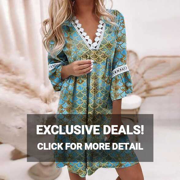 Women Casual Summer Dresses 3/4 Sleeve Party Tunic Swing Casual V ...