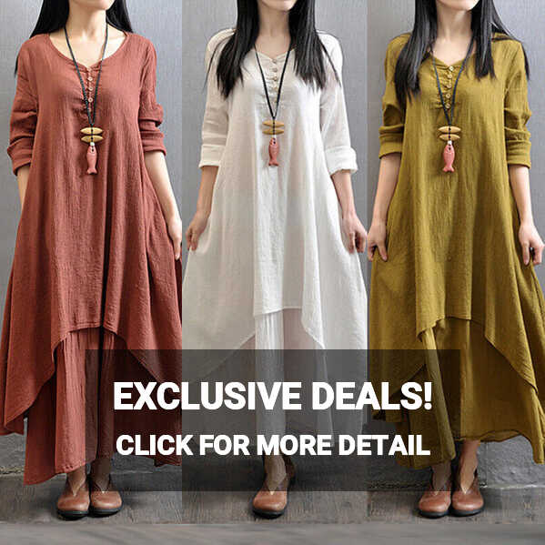 Women Cotton Linen Maxi Dress Casual Boho Long Sleeve Sundress ...