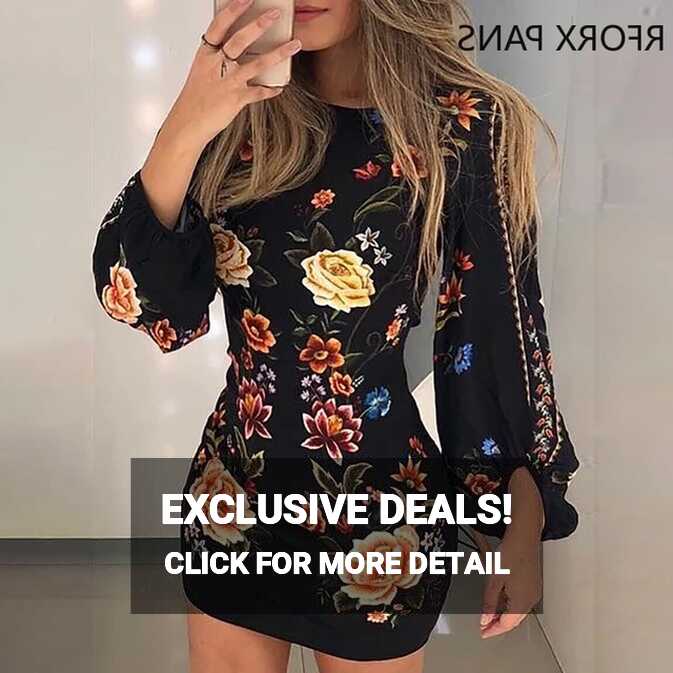 Women Cutout Back Bishop Sleeve Floral Dress Long Sleeve Dress ...