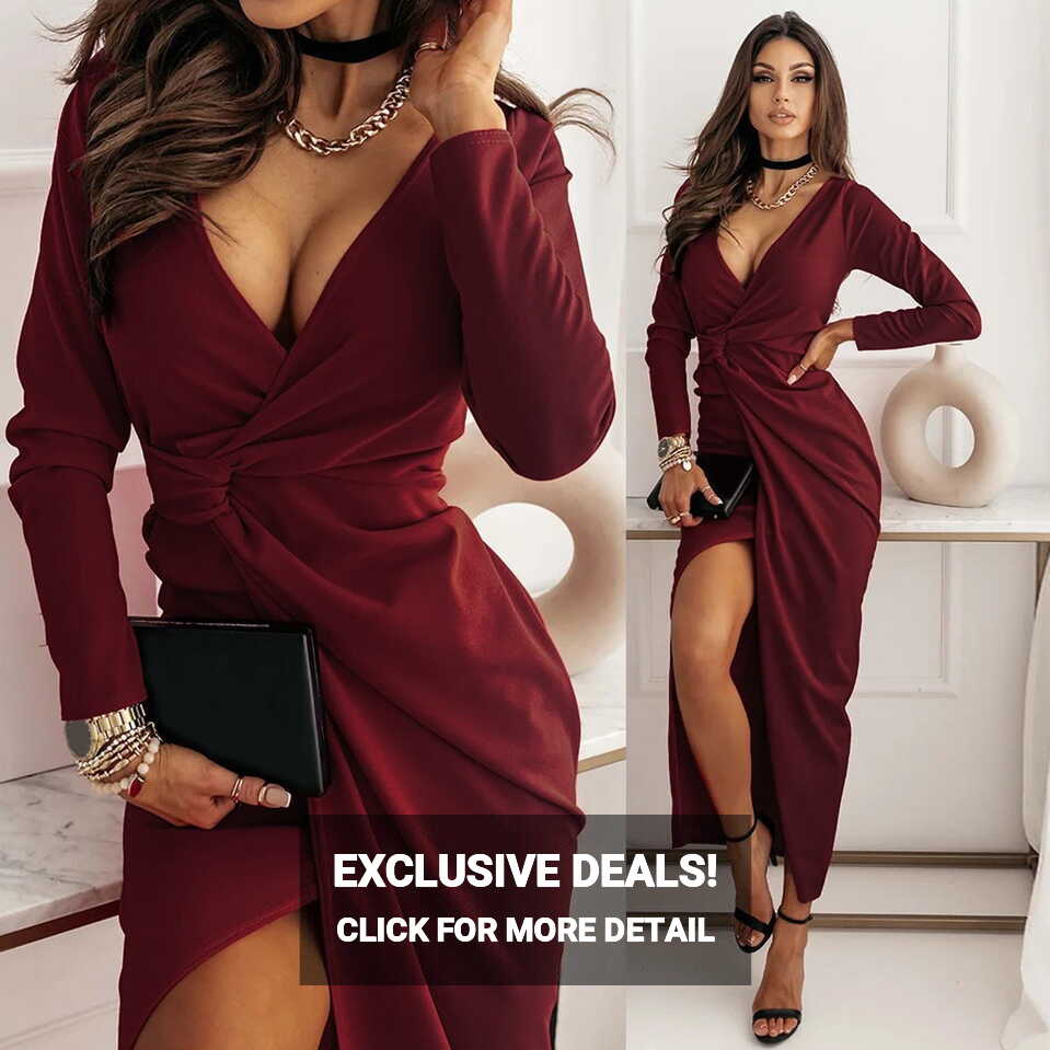 Women Dresses V Neck Long Sleeves Party High Slit Long Dress ...