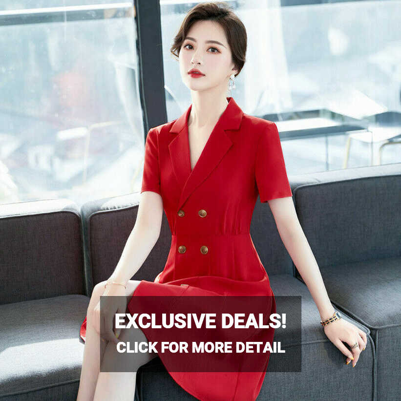 Women Elegant Korean Red Double Breasted Summer Dresses For Office ...