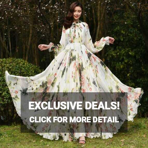 Women Extra-long Floral Print Chiffon Big Hemline Holiday Puff ...