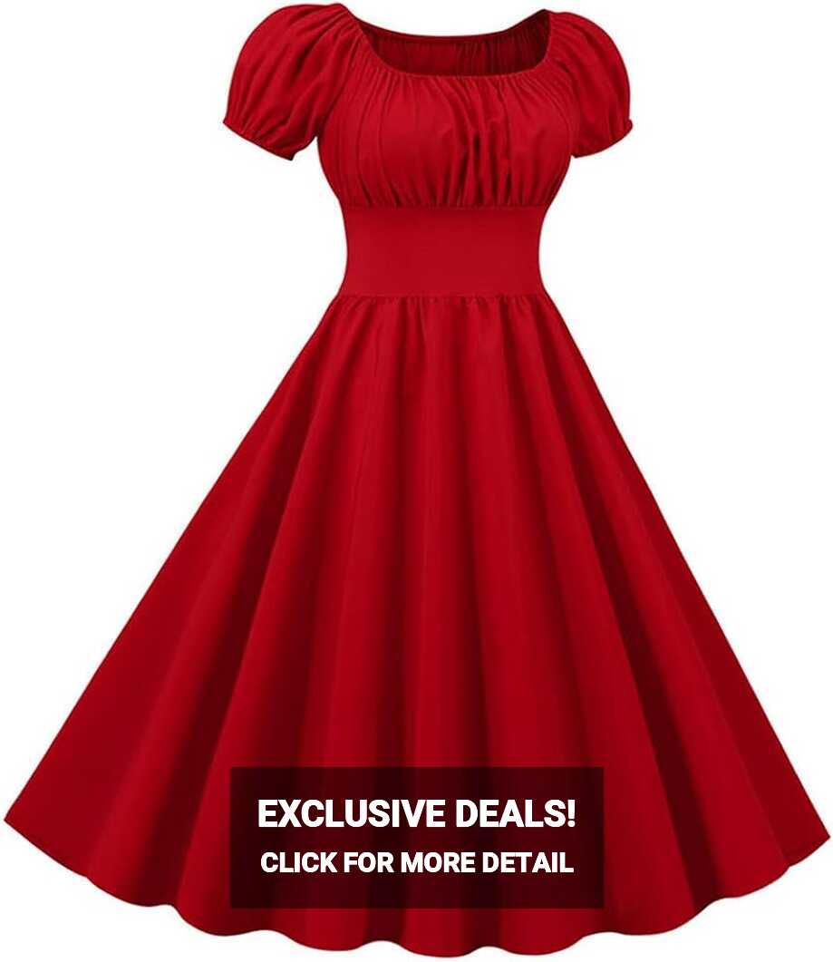 Women Fashion Red Square Collar Puff Sleeve Knee-Length A-Line ...