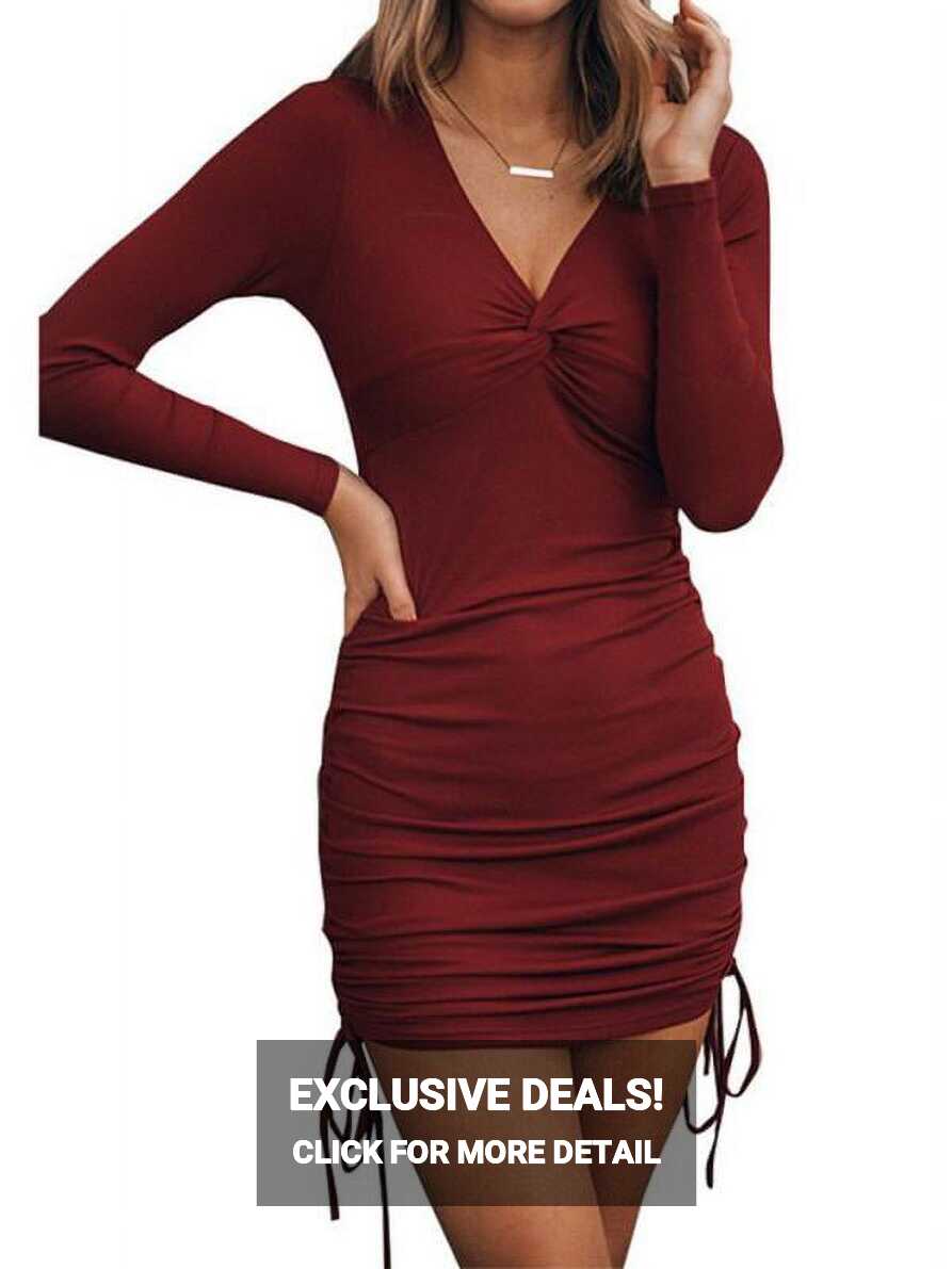 Women Fashion Ruched Elegant Bodycon Long Sleeve Wrap Front Solid ...