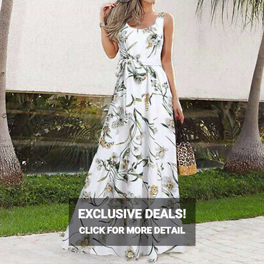 Women Floral Print U Neck Sleeveless Maxi Dress Summer Holiday ...