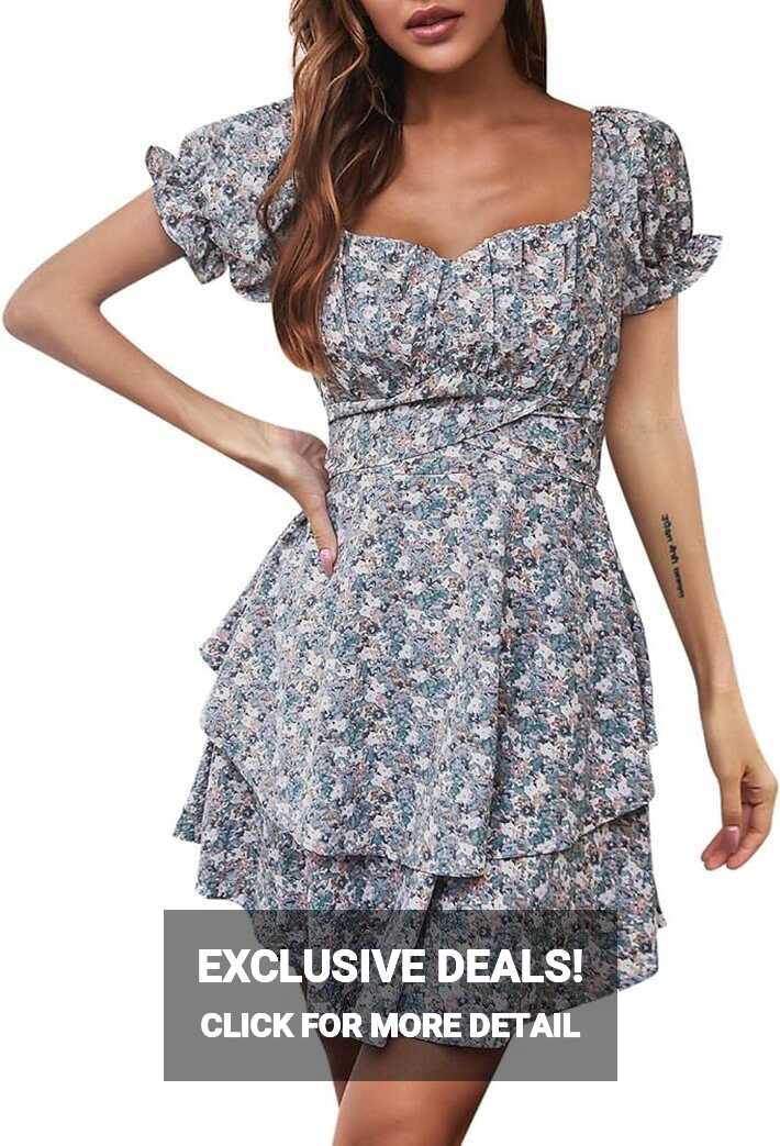 Women Floral Puff Sleeve Dress Layered Mini Dress Fashion Elegant ...