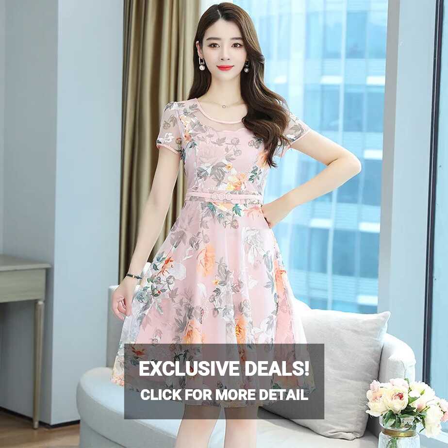 Women Floral Round Neck Short Sleeves Summer Chiffon Dress Slim ...