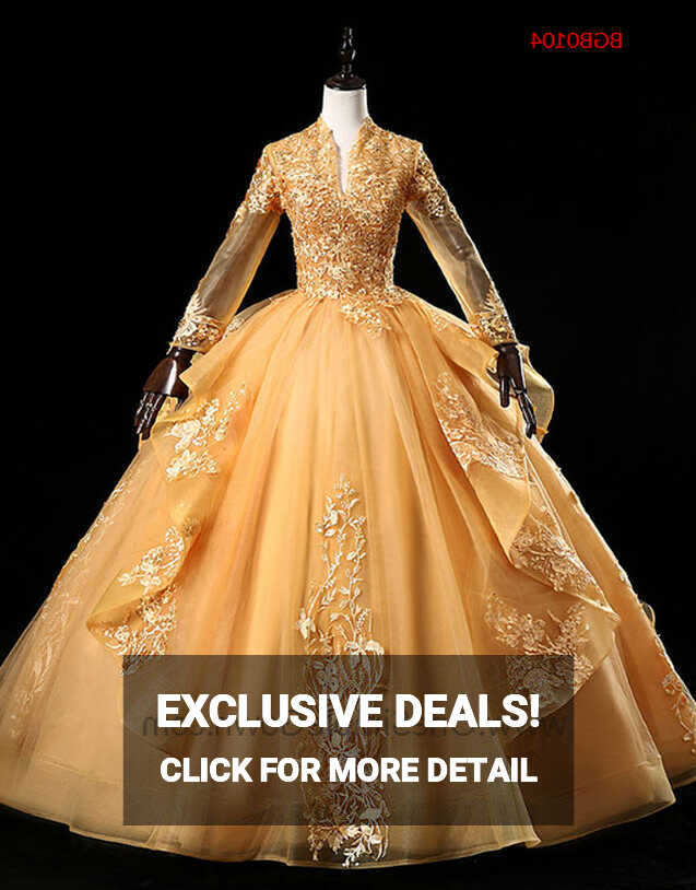 Women Gold Bean Pink Royal Wedding Ball Gown - OneSimpleGown.com