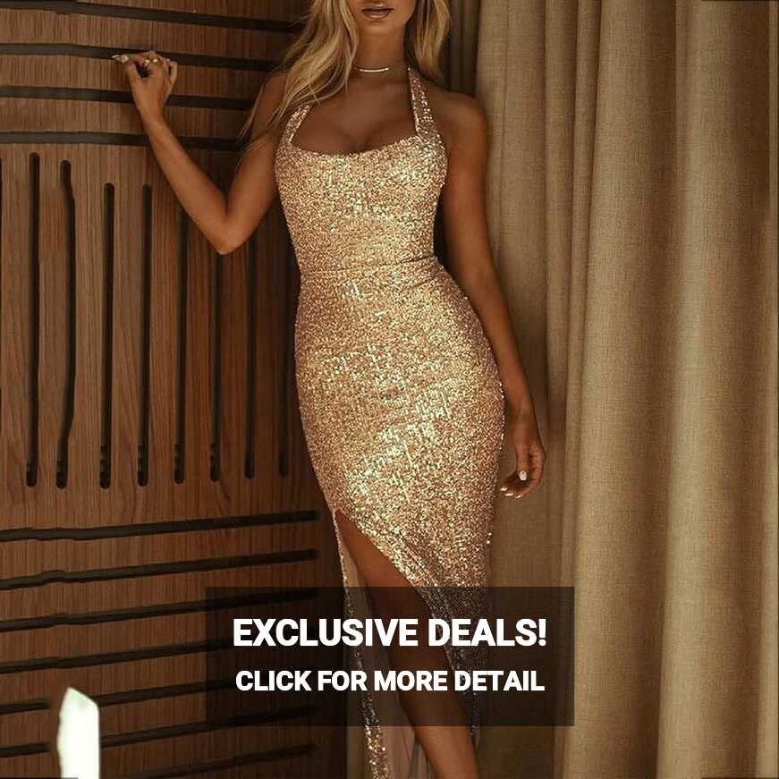 Women Gold Sequin Prom Dress Halter Elegant Bodycon Evening Gown ...