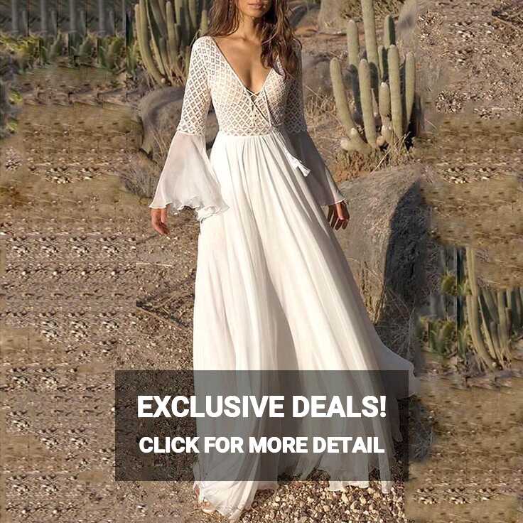 Women Long Flare Sleeve V Neck White Hollow Boho Lace Maxi Dress ...