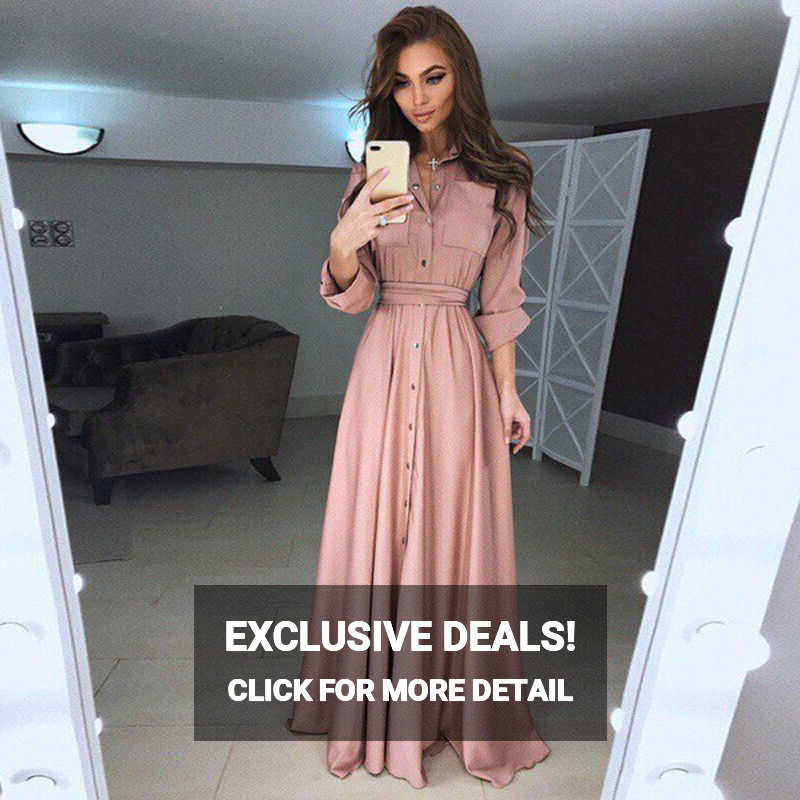 Women Long Sleeve Maxi Dress Evening Party Casual Elegant Shirt ...