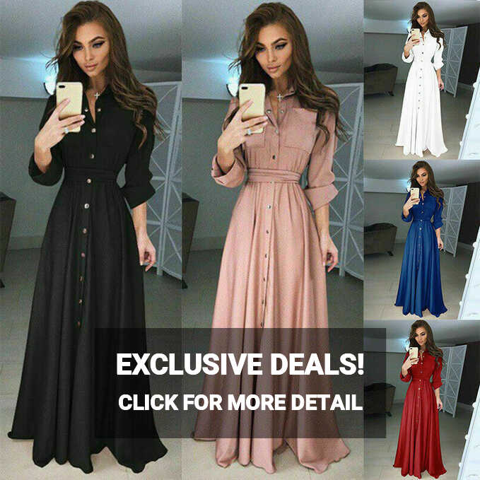 Women Long Sleeve Maxi Dress Evening Party Elegant Shirt Dress ...