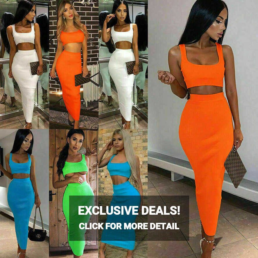 Women Maxi Skirt Crop Top Two Piece Set Dress Ladies Bodycon Co ...