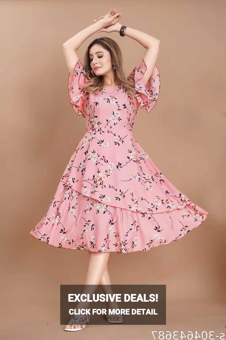 Women Pink &amp; White Floral Print Layered Knee Length Dress