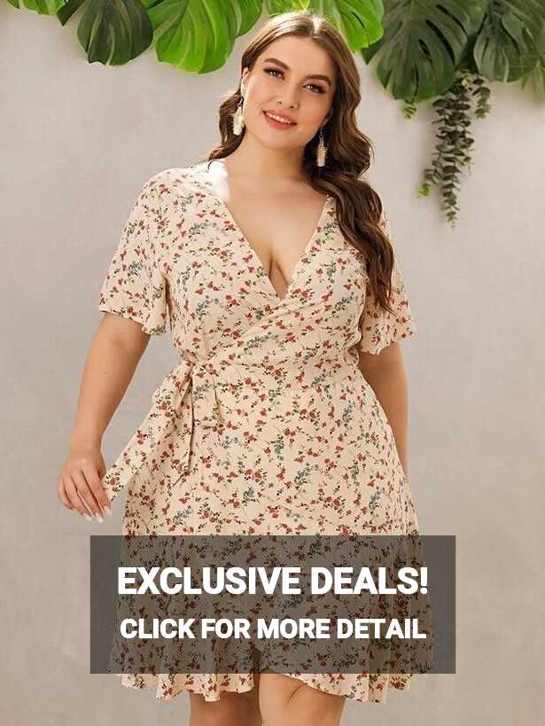 Women Plus Size Ditsy Floral Tie Side Wrap Dress