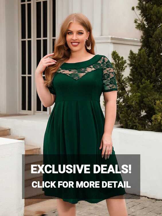 Women Plus Size Lace Casual Short Sleeve Round Neck Flowy Dress_ ...