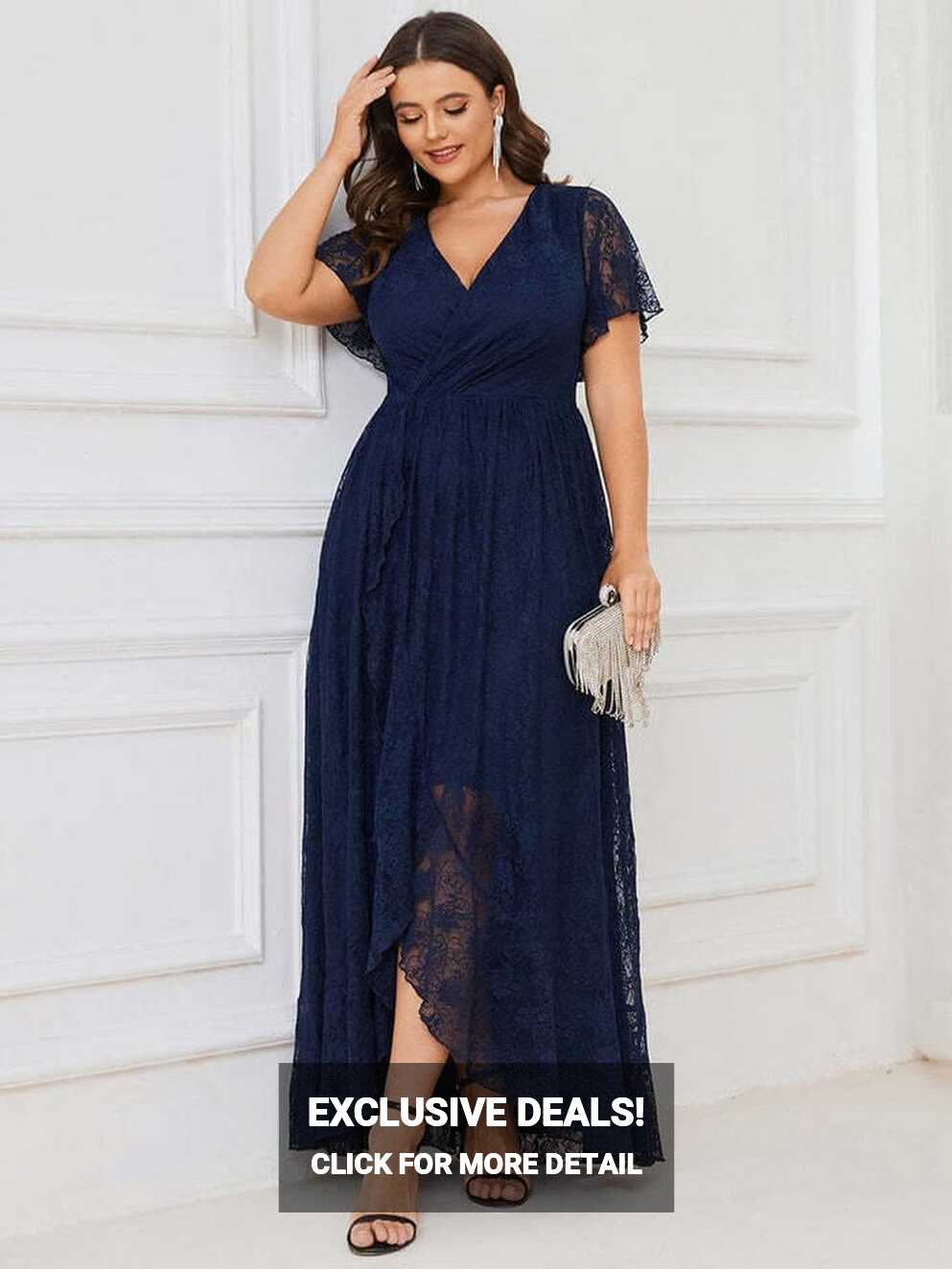 Women Plus Size Lace Ruffles Short Sleeve Wrap A Line Maxi Luxury ...