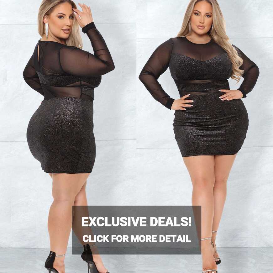 Women Plus Size Long Sleeve Glitter Mesh See Through Bodycon Party ...