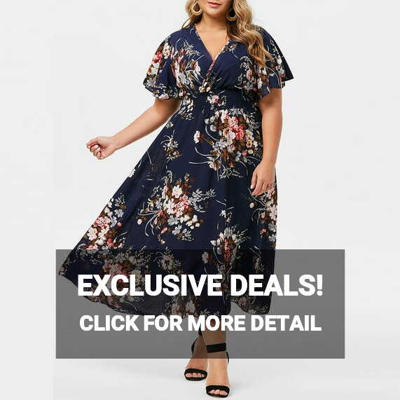 Women Plus Size Maxi Dresses Floral Printed Empire Waist V Neck ...