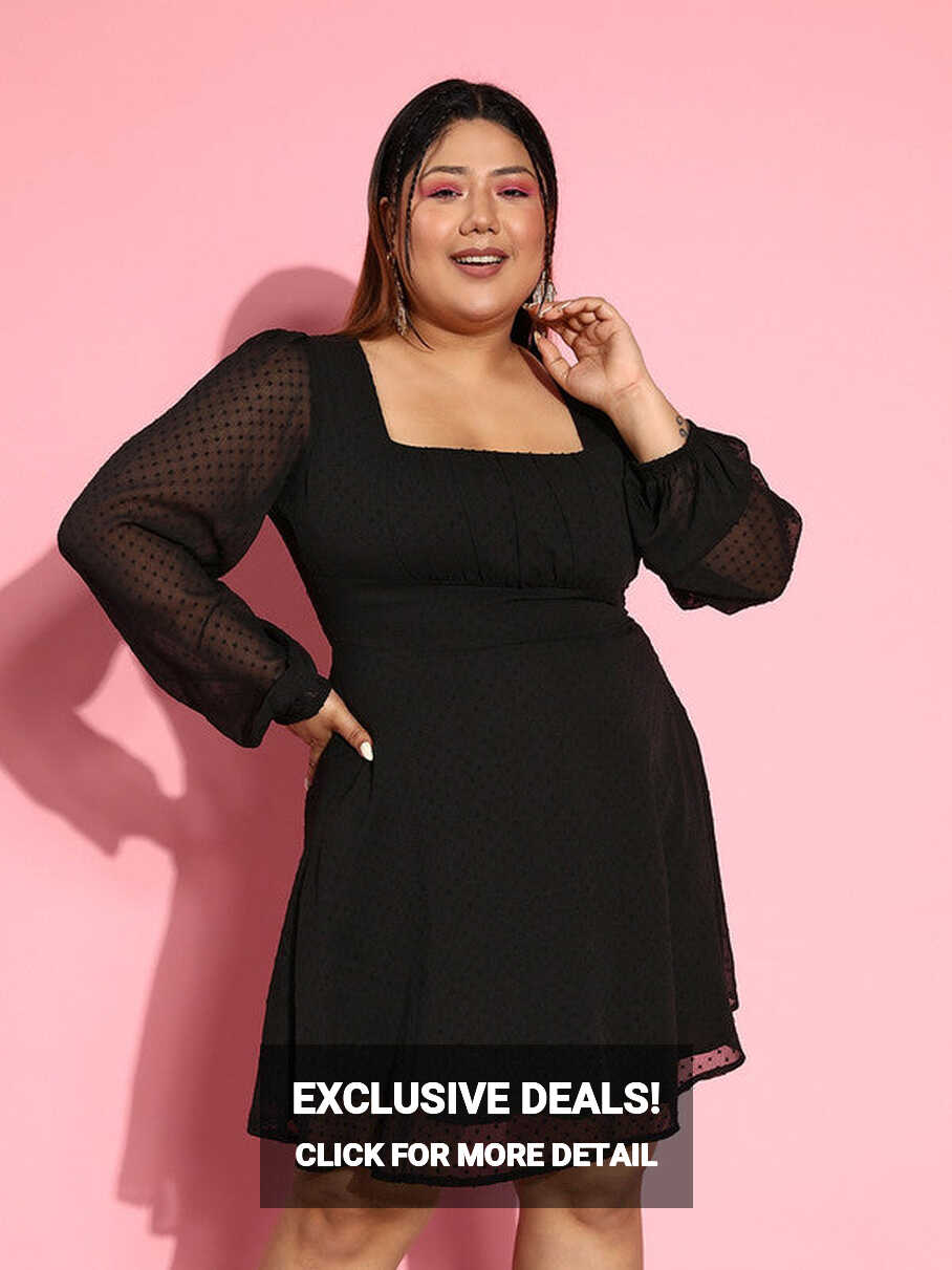 Women Plus Size Solid Black Dobby Weave Square Neck Chiffon ...