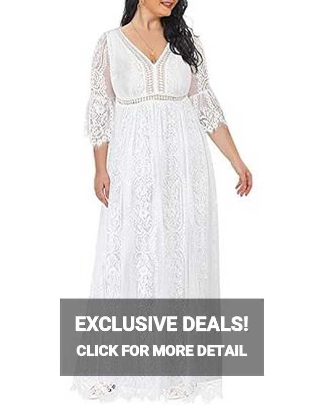 Women Plus Size White Maxi Long Lace Boho Wedding Bohemian Flowy ...