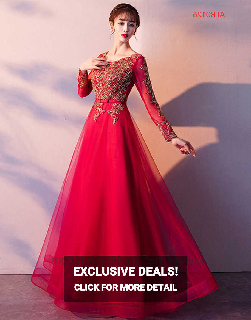 Women Red Long Sleeve Lace Party Dress - OneSimpleGown.com