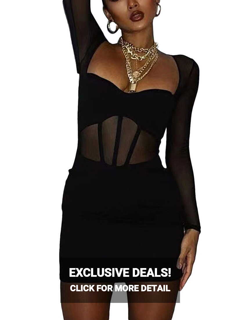 Women See Through Sheer Mesh Patchwork Mini Dress Long Sleeve ...