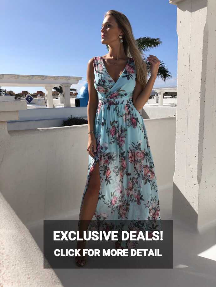 Women Sexy Dress, Sleeveless Floral Printed Deep V-Neck High Split ...