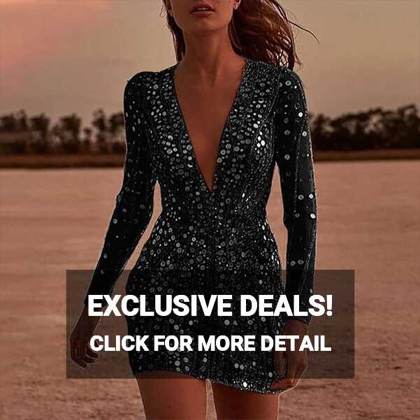 Women Sexy Glitter Dress Elegant Deep V Neck Sequin Mini Bodycon ...