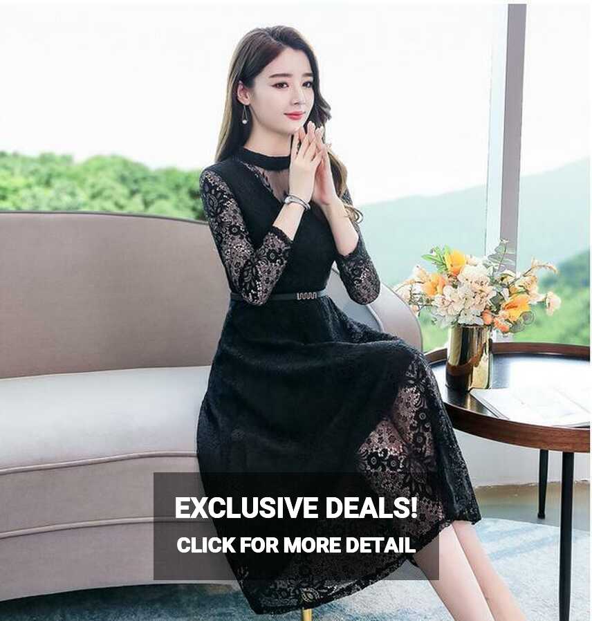 Women Sexy Lace Floral Korean Evening Cocktail Formal Long Sleeve ...