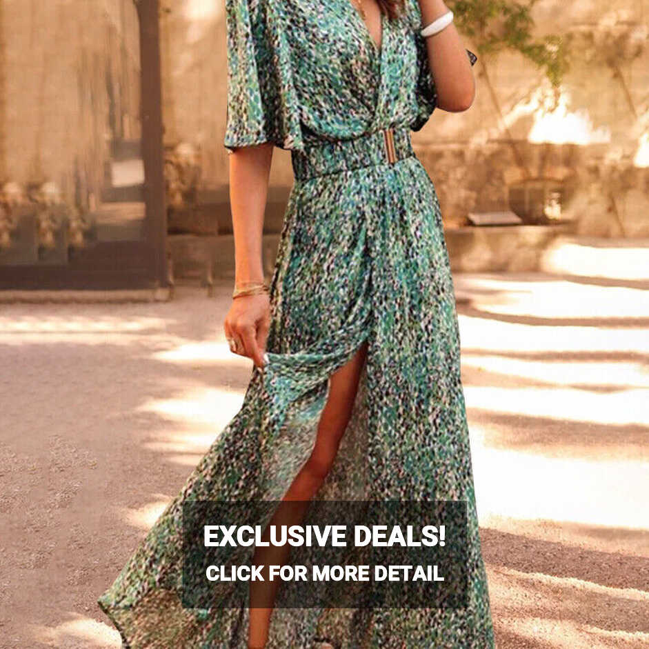 Women Short Sleeve Floral Maxi Dress V Neck Belted Side Split Long ...