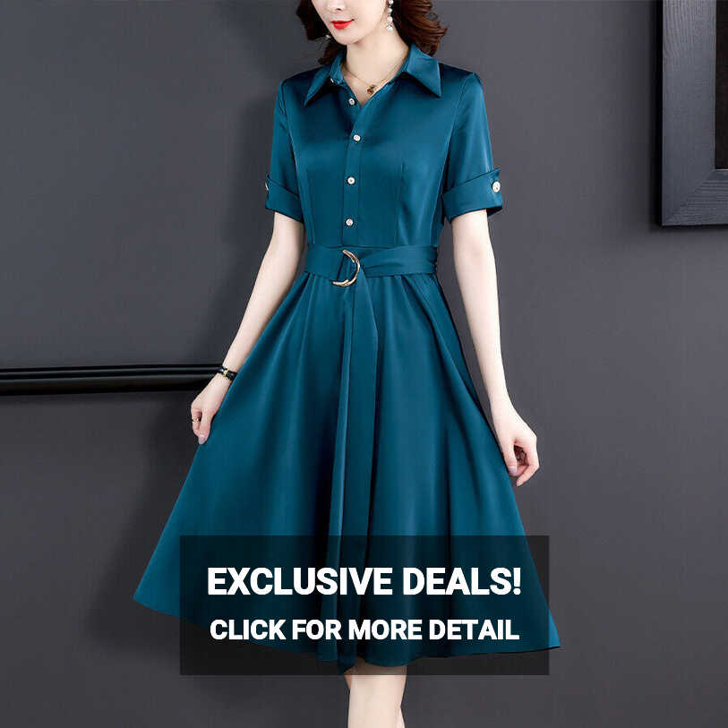 Women Short-Sleeve Satin Dress Summer Fashion Lapel Collar Knee ...