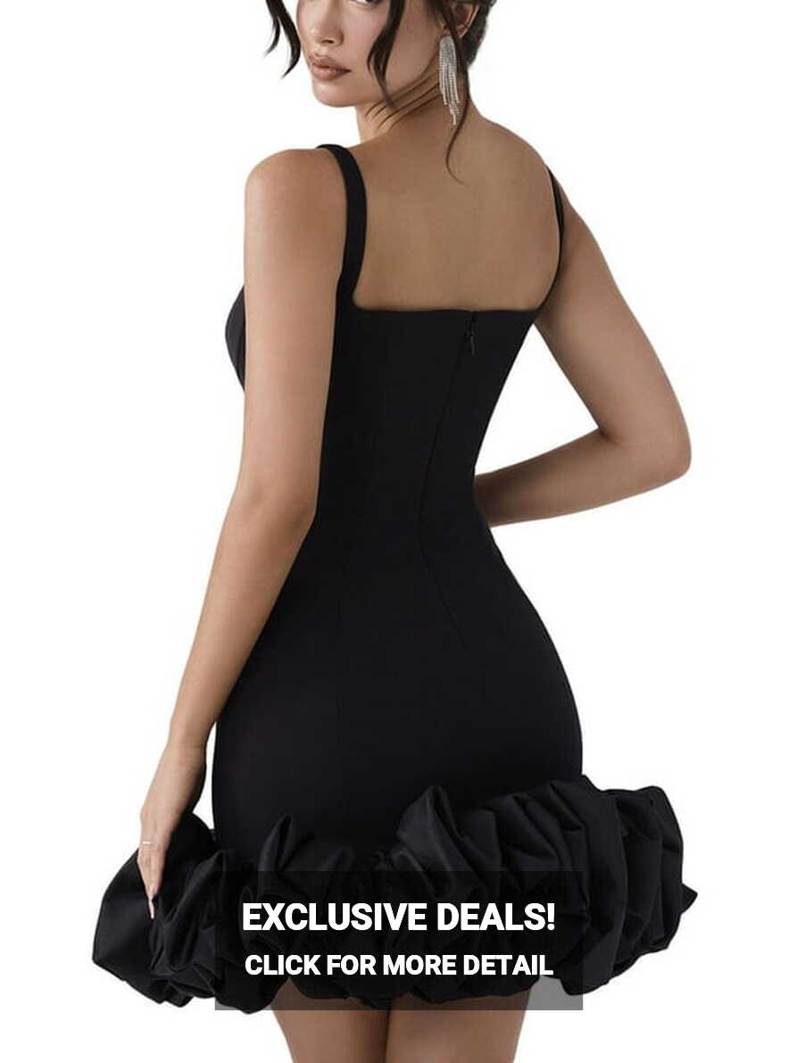 Women Spaghetti Strap Bodycon Dress Solid Color Pleated Ruffle Hem ...