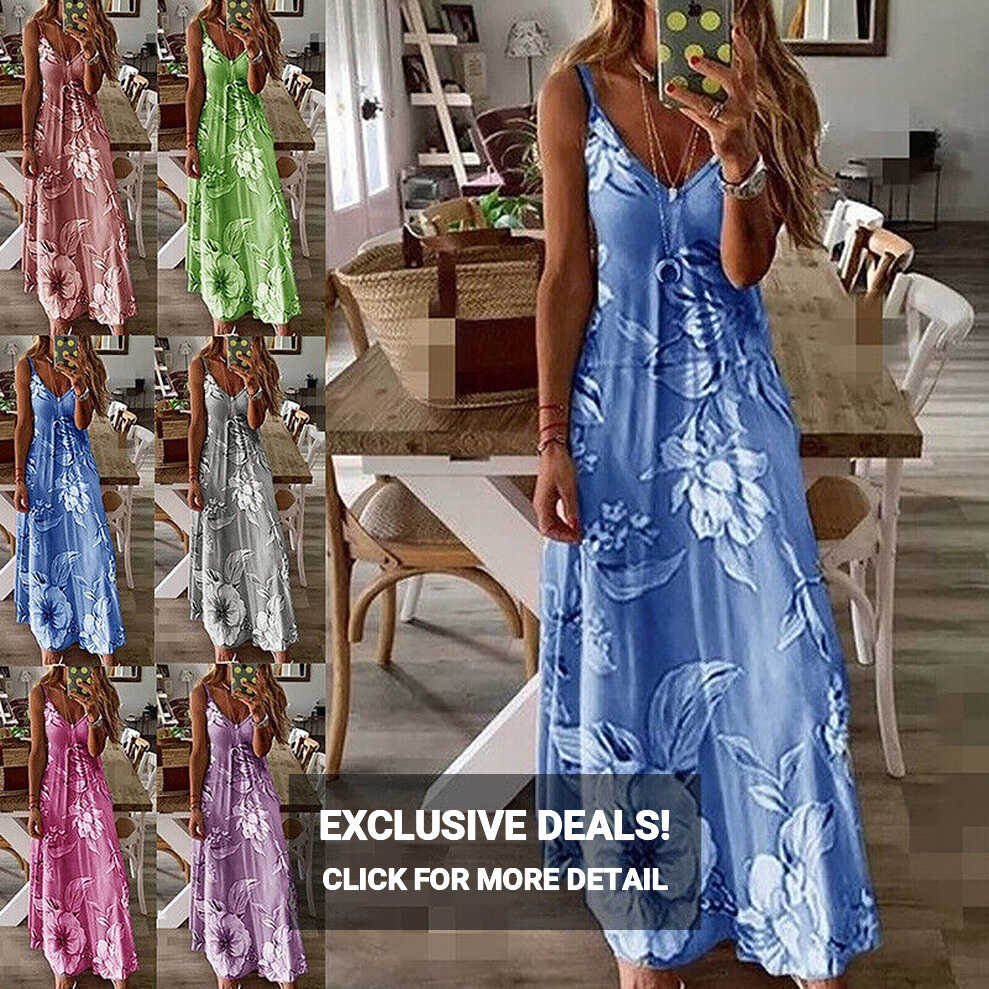 Women Strappy Floral Maxi Dress Ladies Summer Beach Evening Party ...